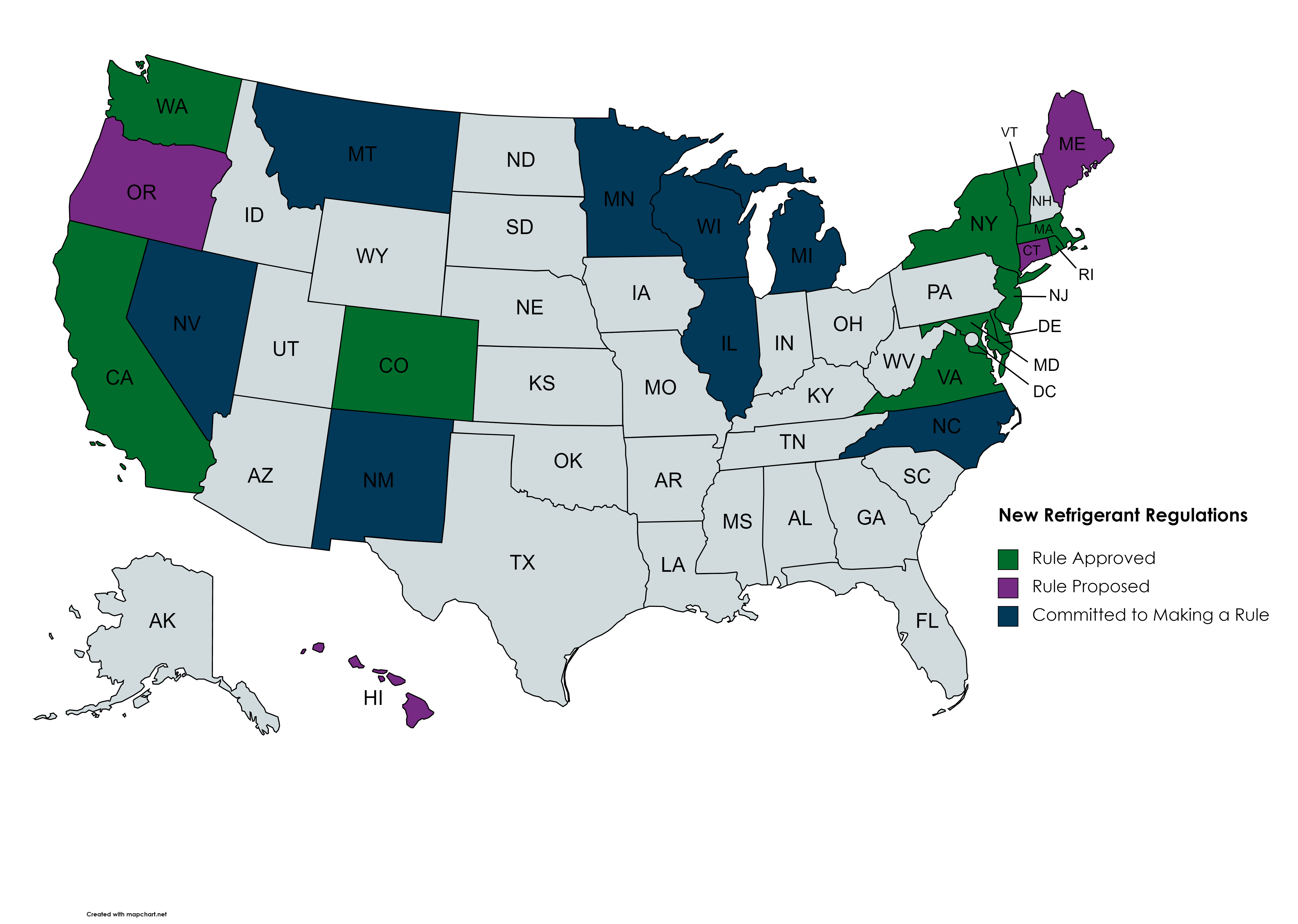Map of states with proposed or approved refrigerant regulations